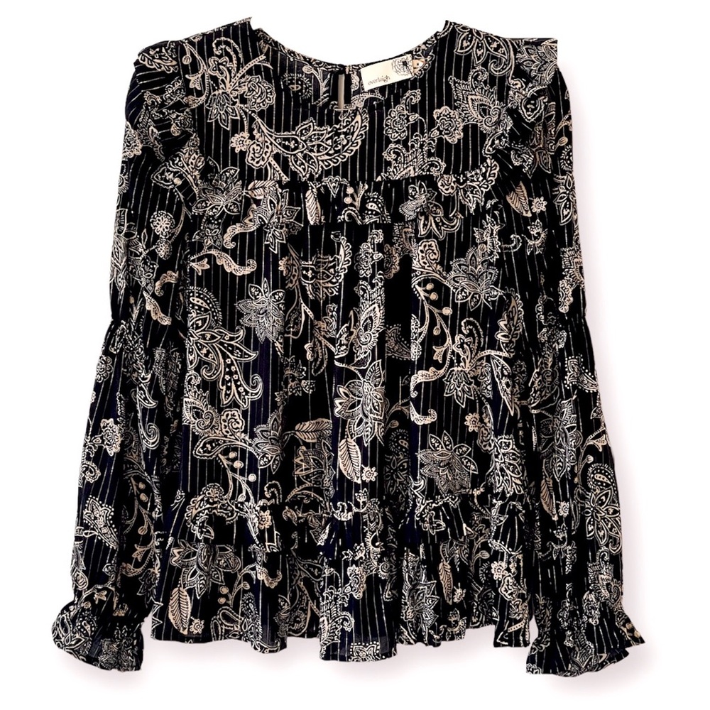 NEW Blouse Boho Tiered Ruffle Hem Swing Long Sleeves Crew Neck Elastic Cuffs